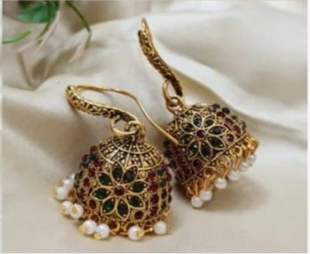 Traditional Multi Stone Golden Hook Jhumka